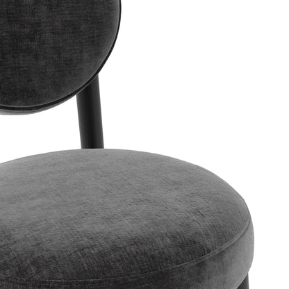 Modern black dining chair with wooden accents and grey cushion