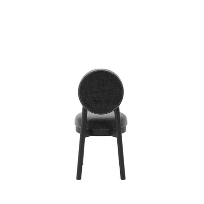 Modern black dining chair with wooden accents and grey cushion