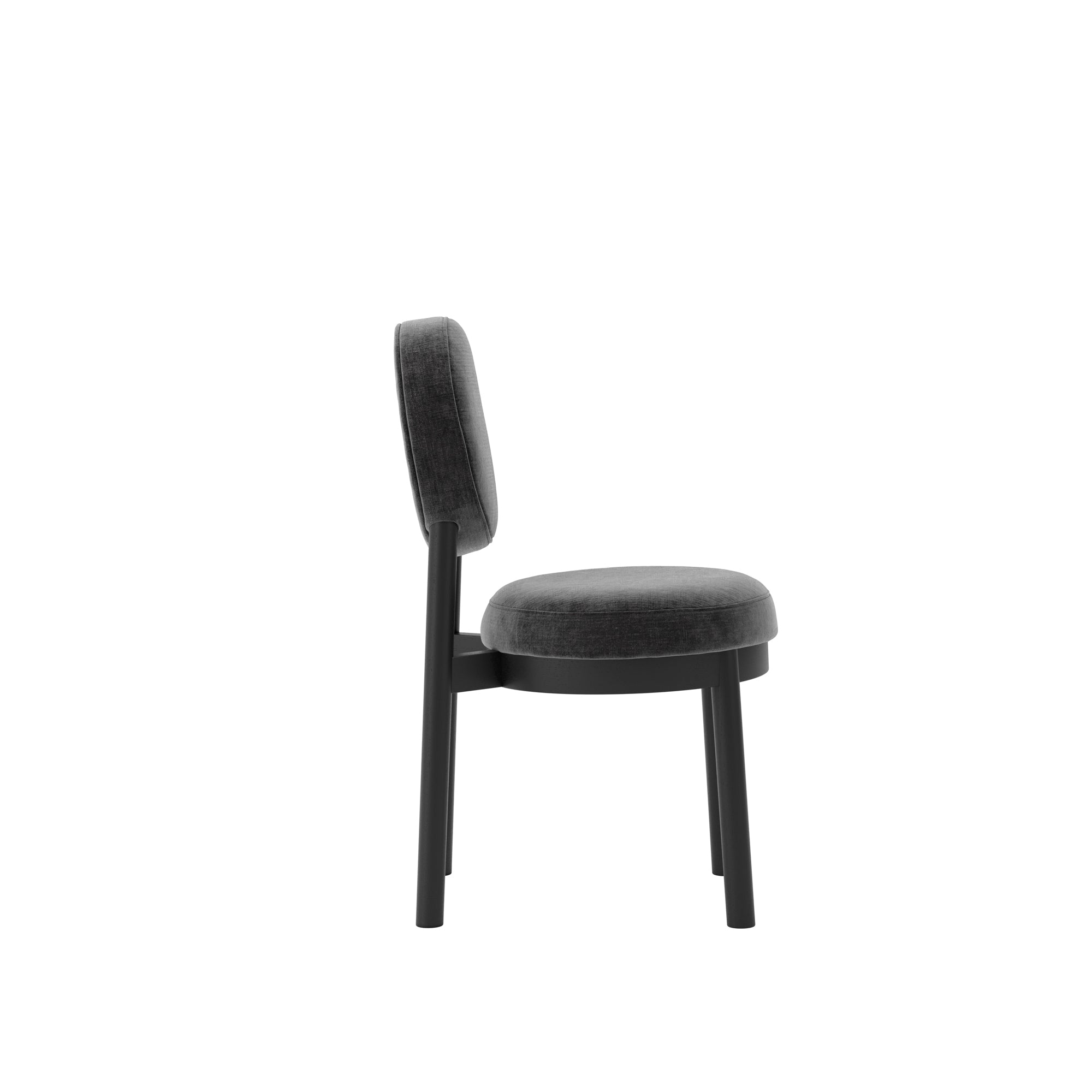 Modern black dining chair with wooden accents and grey cushion