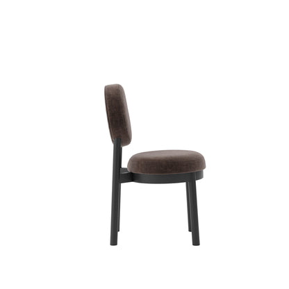 Modern black dining chair with wooden accents and brown cushion