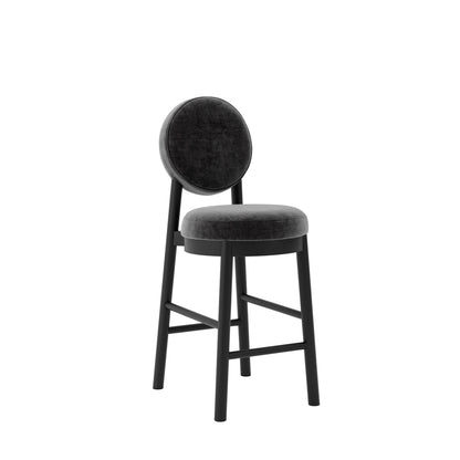 Modern black bar stool with wooden accents and grey cushion