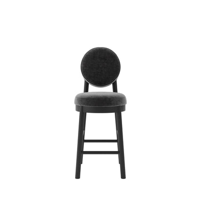 Modern black bar stool with wooden accents and grey cushion