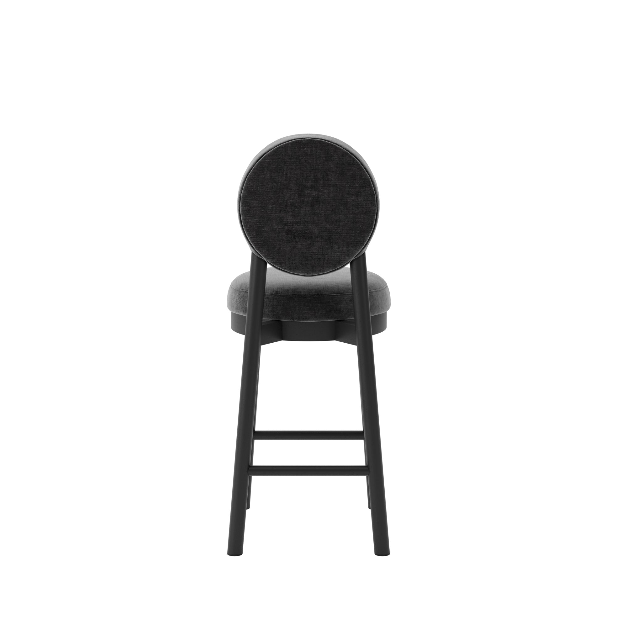 Modern black bar stool with wooden accents and grey cushion