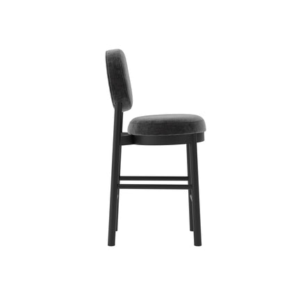 Modern black bar stool with wooden accents and grey cushion
