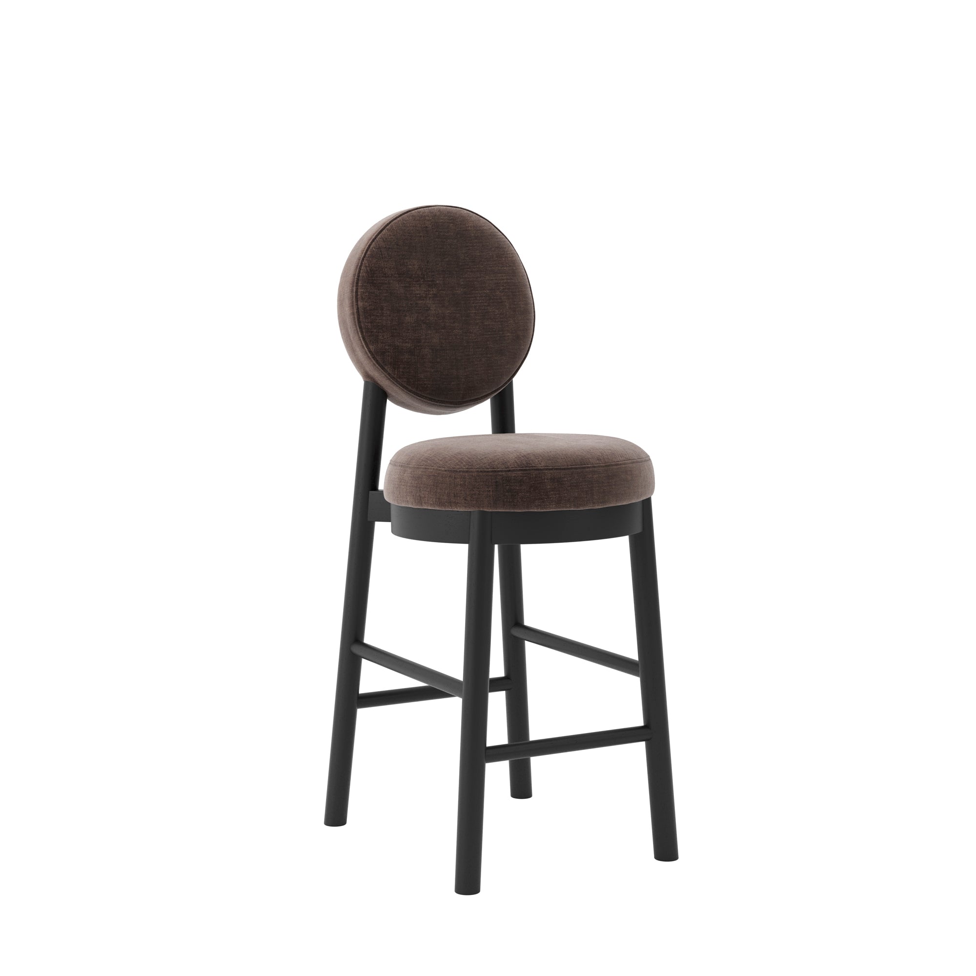 Modern black bar stool with wooden accents and brown cushion