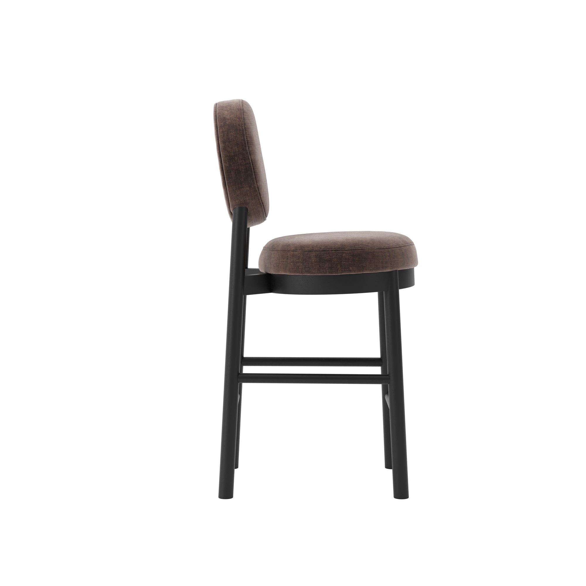 Modern black bar stool with wooden accents and brown cushion