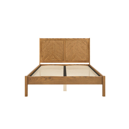 Wooden bed with panelled headboard