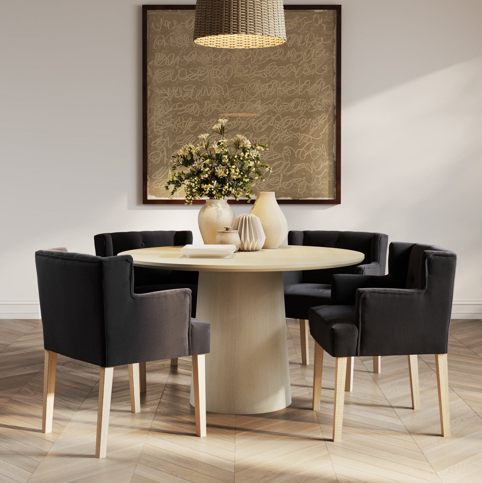 Dark grey linen chairs with wooden legs and beige round table
