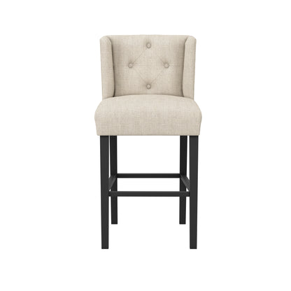 Beige linen wing backed stool with black legs