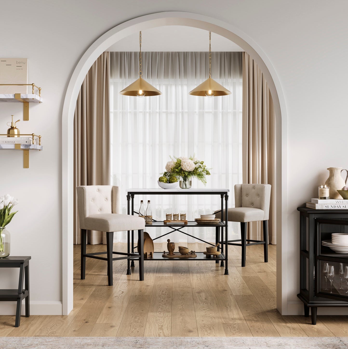 Beige linen wing backed stool with black legs