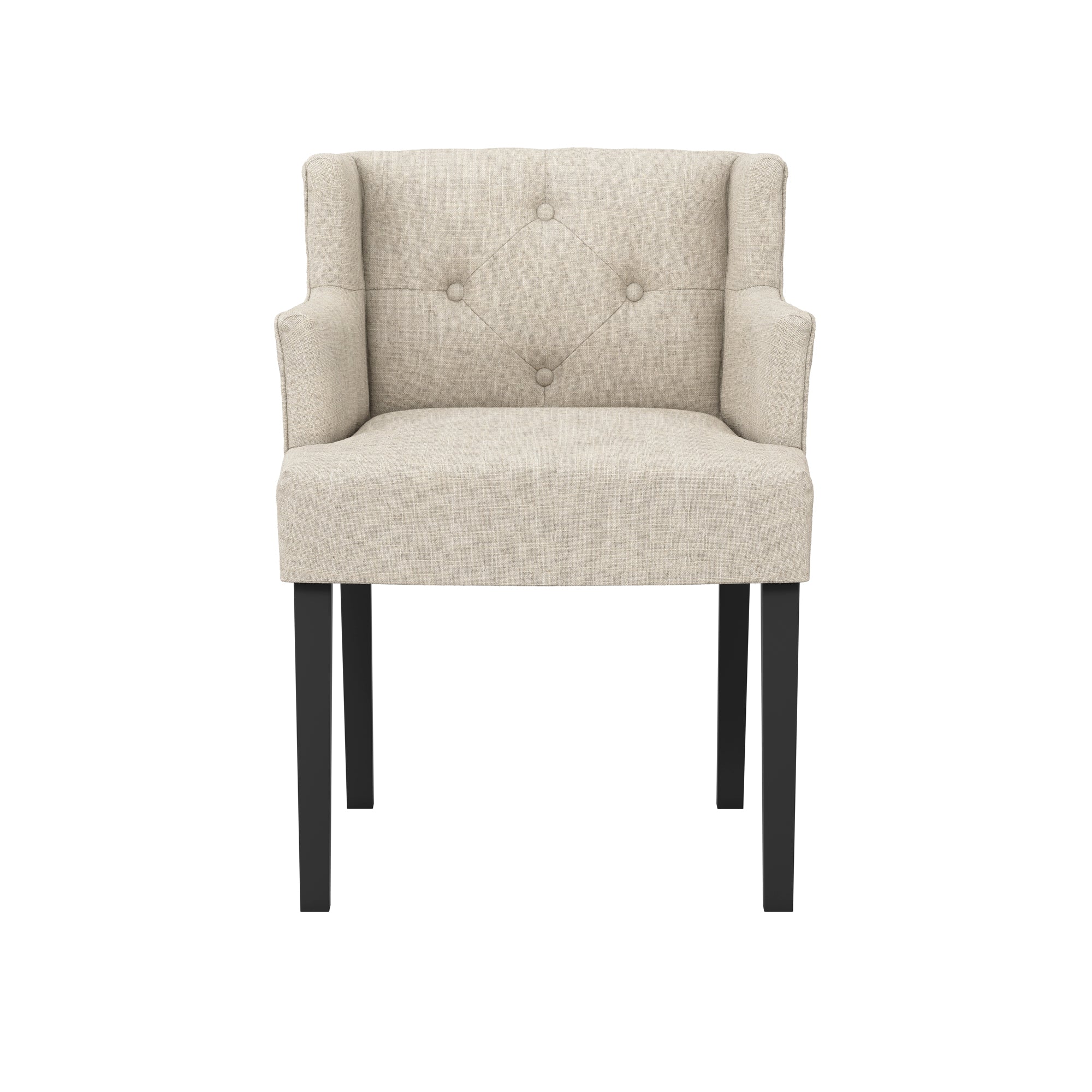 Beige linen wing backed armchair with black legs