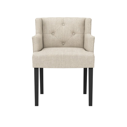 Beige linen wing backed armchair with black legs