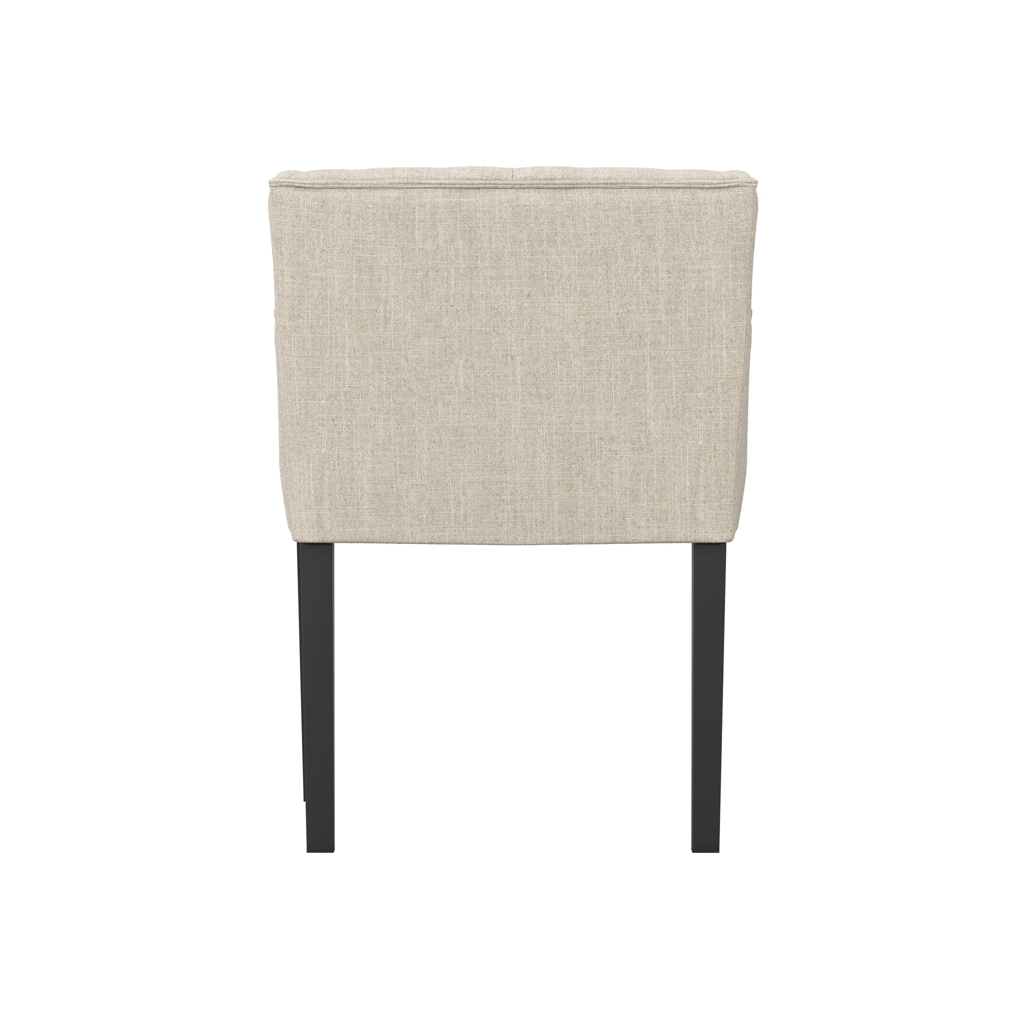 Beige linen wing backed armchair with black legs
