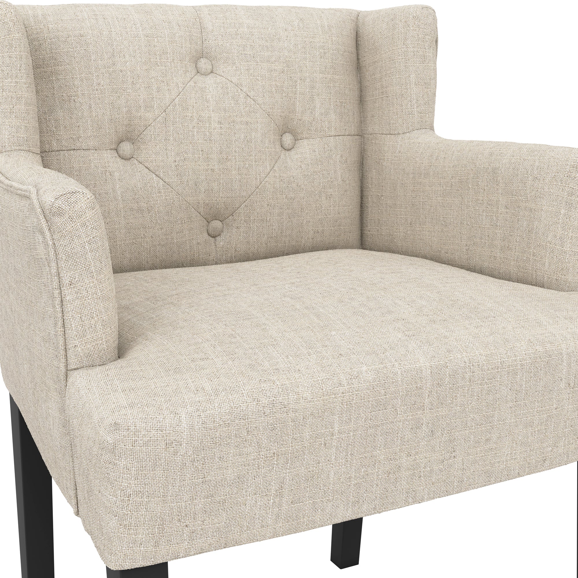 Beige linen wing backed armchair with black legs