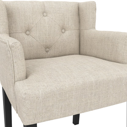 Beige linen wing backed armchair with black legs