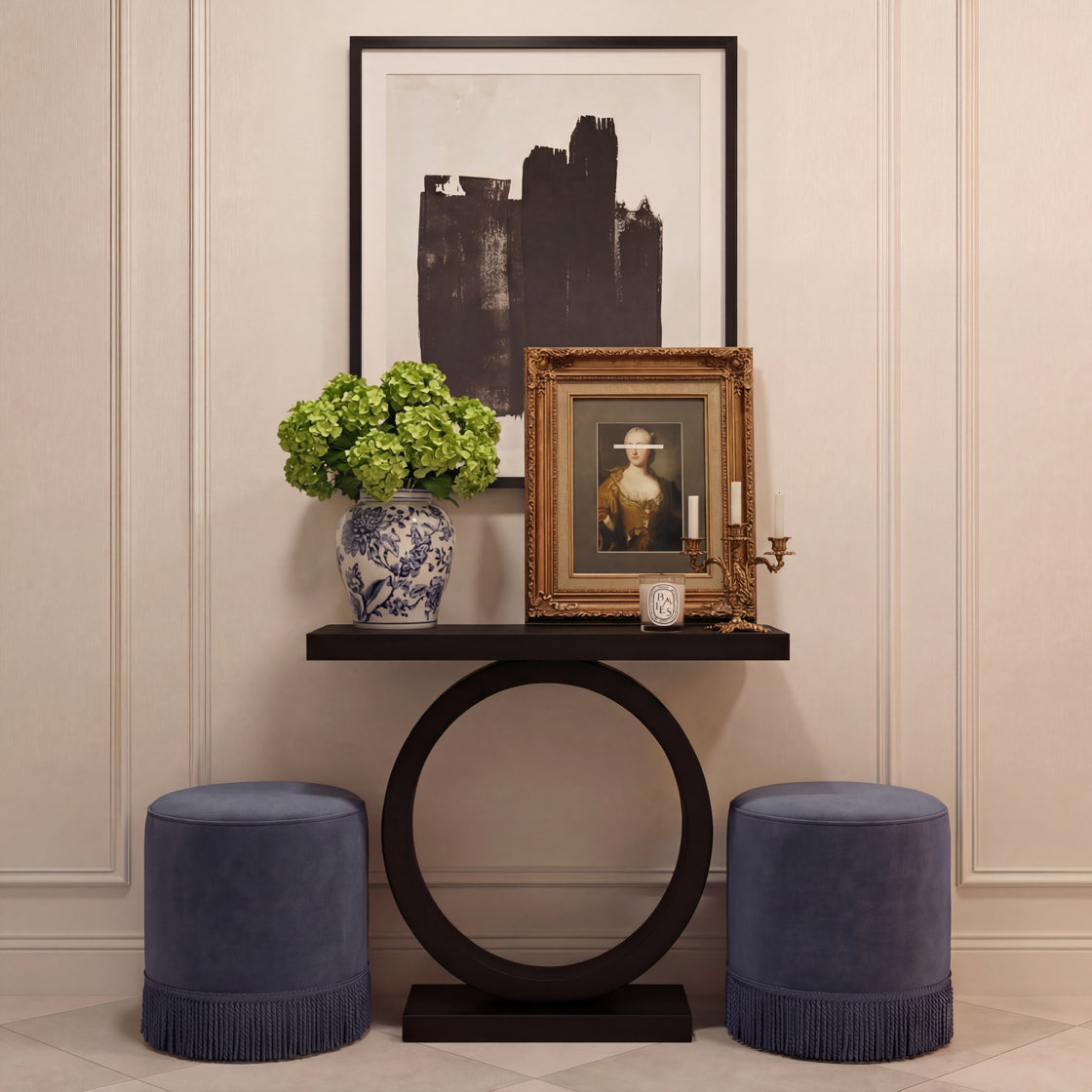 Two Blue Velvet Round small Pouffe in a modern hall way 