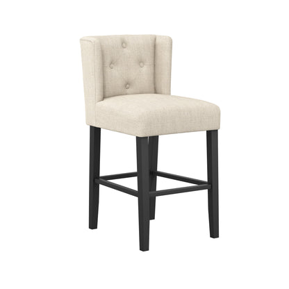 Beige linen wing backed stool with black legs