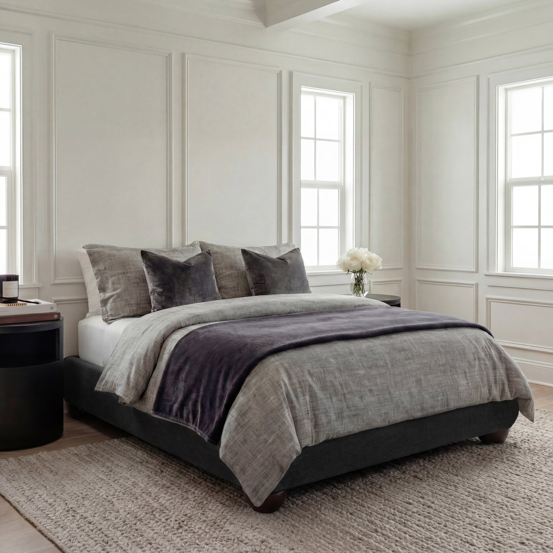 Black Tweed fabric King Bed in a neutral coloured bedroom