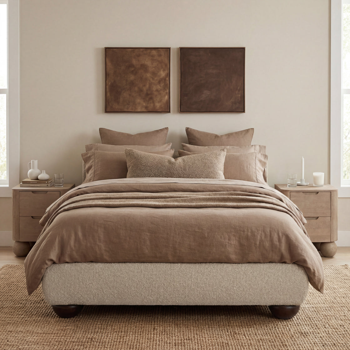 beige Tweed fabric King Bed in a neutral coloured bedroom 