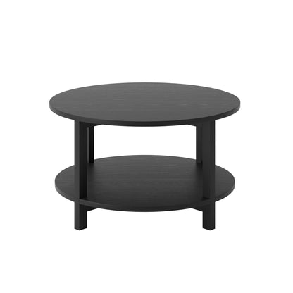 Black round coffee table with shelf