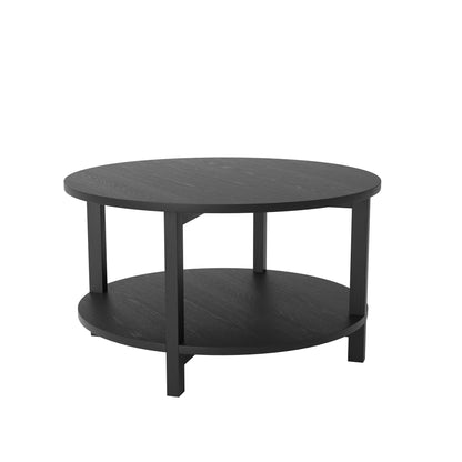 Black round coffee table with shelf