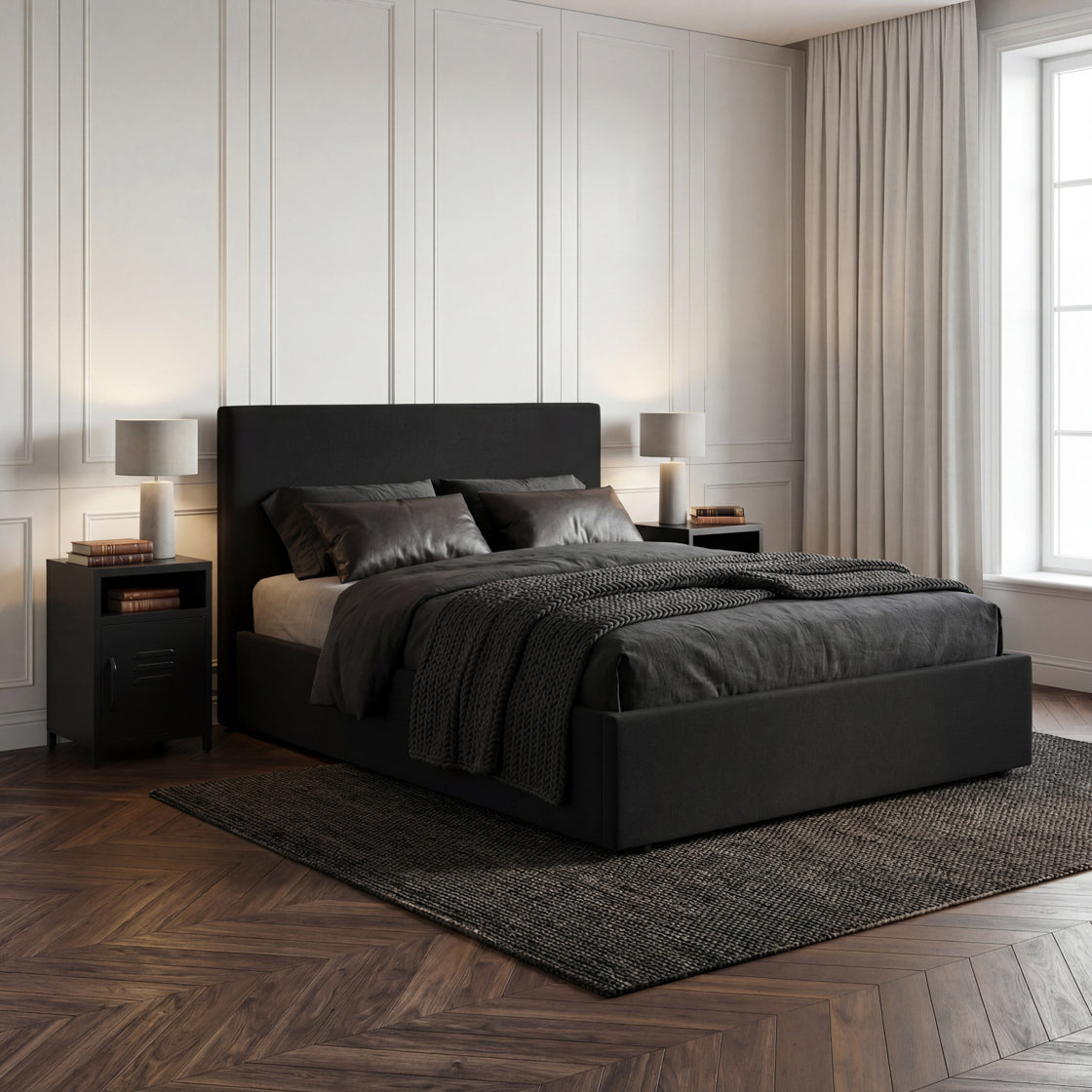 Black ottoman King Bed in neutral coloured room 