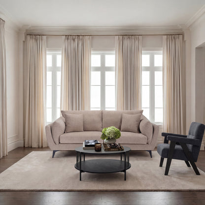 Beige Chenille 3 seater sofa with black metal legs in modern neutral coloured living room